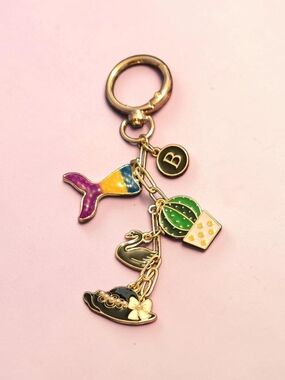 Gold Charm Keychain with Colorful Mermaid Tail & Cactus